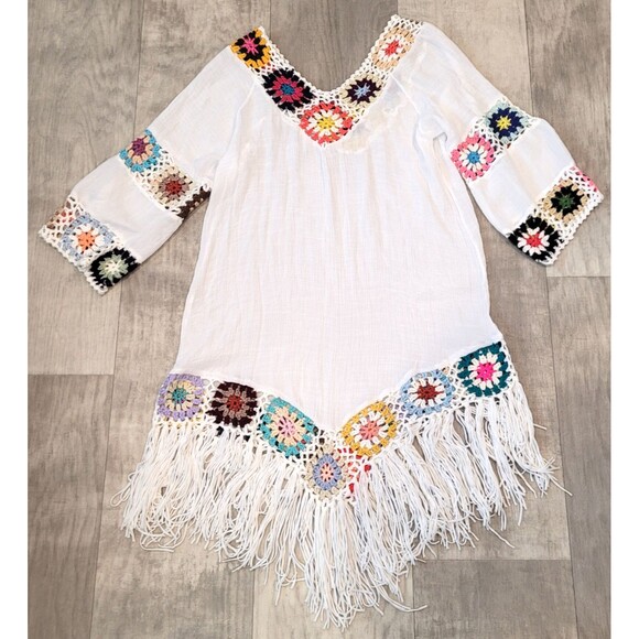 Asha Womens OS Boho Swim Cover Up Tunic Festival Fringe Crochet Artsy Colorful - Picture 6 of 6